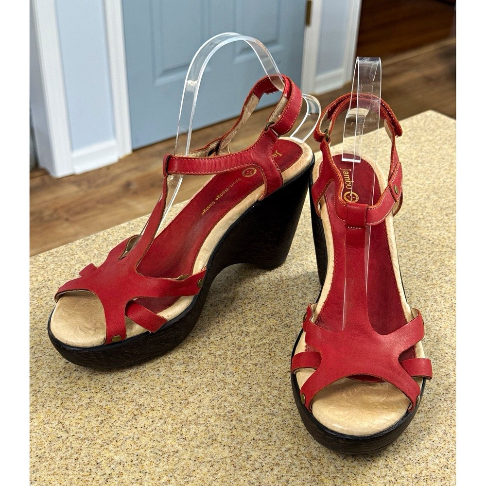 Jambu Red Marble Strappy Leather Wedge Sandals Women's 9.5M Hook & Loop Casual